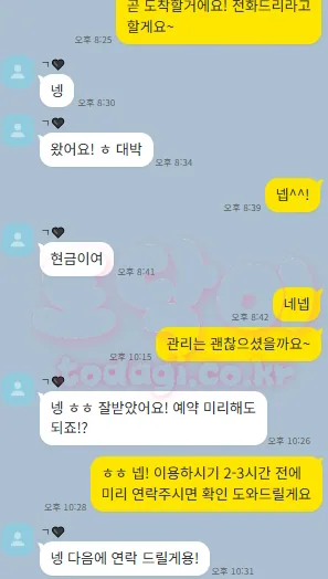 도착과 현장 결제 확인 후 관리 만족과 다음 예약 의사를 전한 토닥이 카카오톡 후기 원문