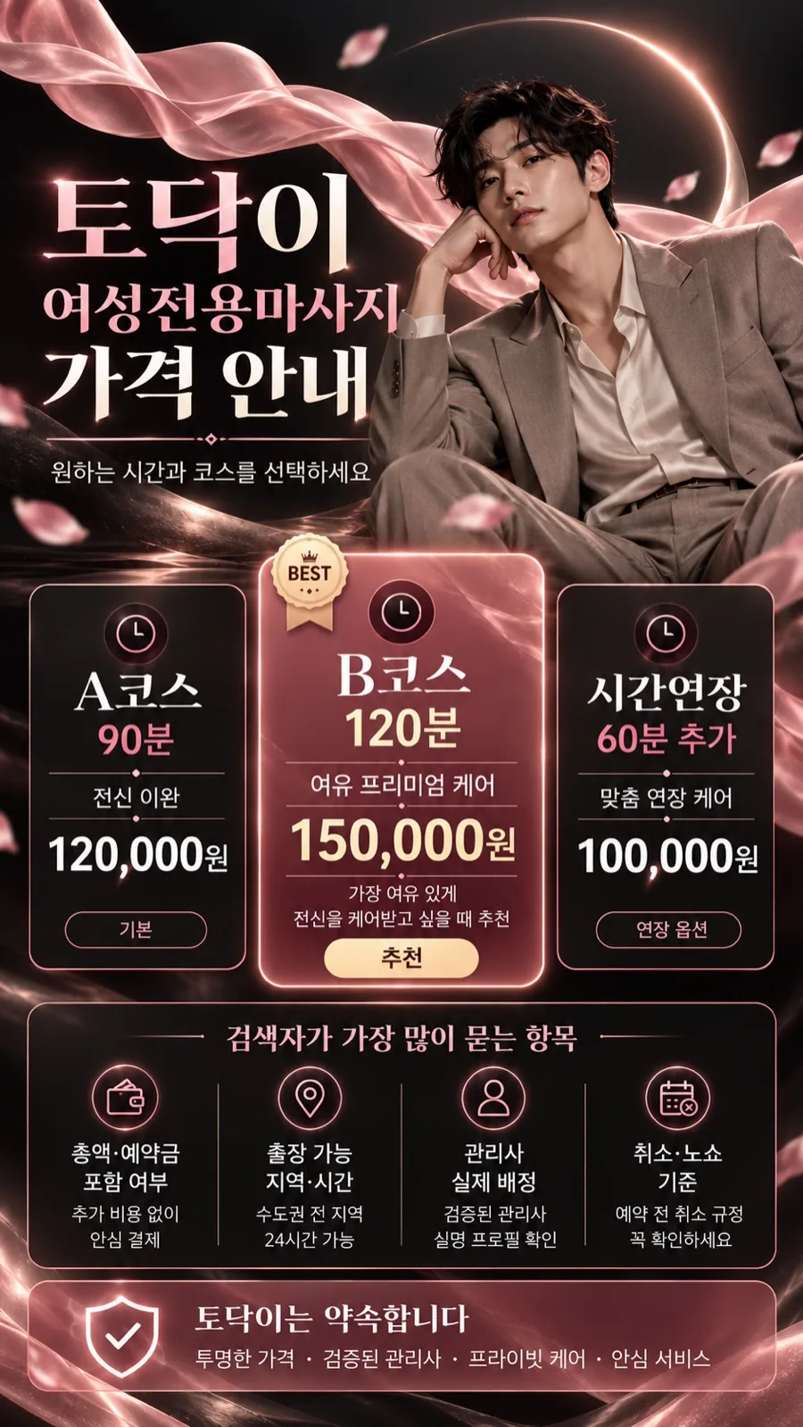 토닥이 A코스 90분, B코스 120분과 시간 연장 가격 안내